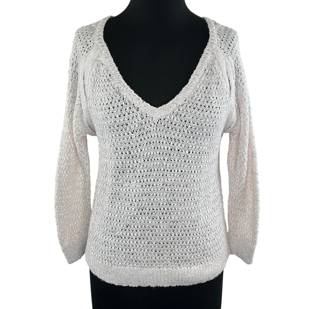 White + Warren Cotton Blend Long Sleeve Open Knit Sweater Size S Small